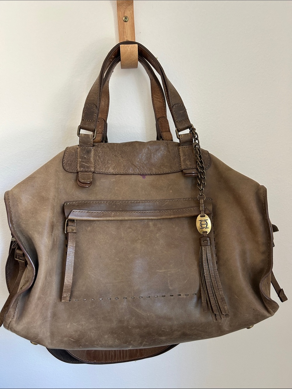 Olivia Harris Distressed Leather Slouchy Hobo Bag with Tassel
